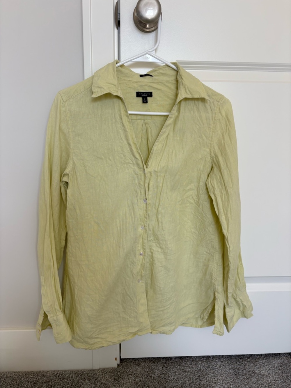 100% Irish linen v neck button down long sleeve shirt yellow / green